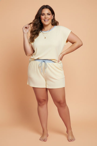 Plus Size Colorblock Ribbed Top & Drawstring Shorts Set