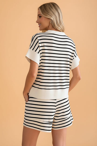 Stripe Colorblock Zip Polo & Drawstring Shorts Set