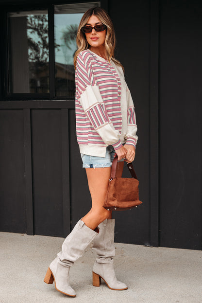 Stripe Patchwork Long Sleeve Henley Top