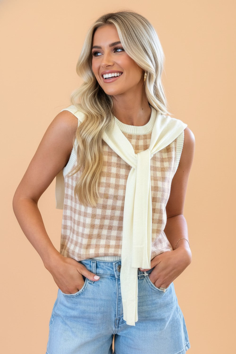 Gingham Detachable Shawl Wrap Sweater Tank