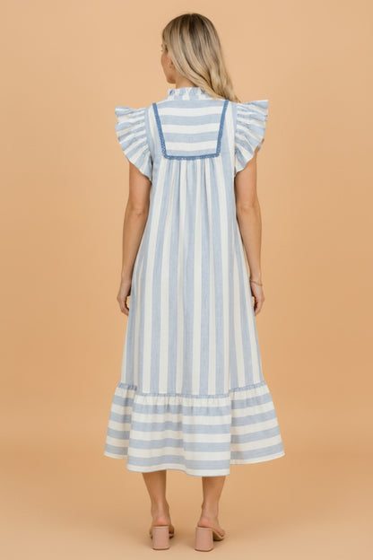 Stripe Lace Trim V-Neck Ruffle Midi Dress