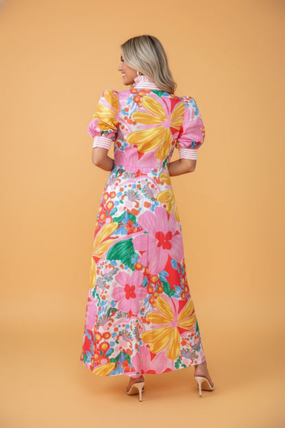 Floral Stripe Trim Puff Sleeve Buttoned Maxi Dress