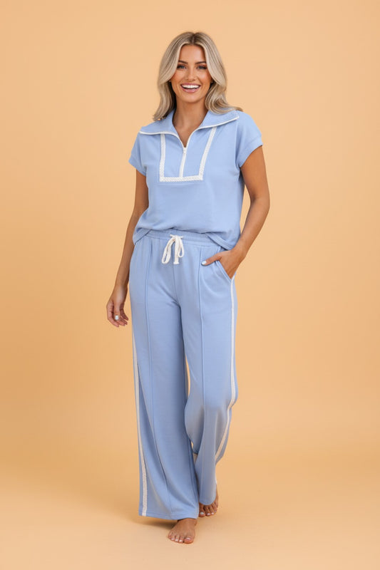 Lace Trim Zipped Top & Sweatpants Set