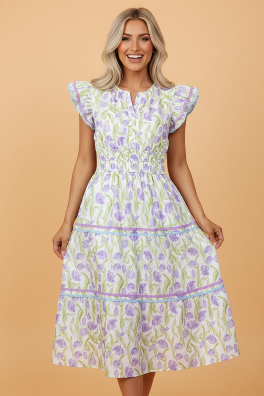 Floral Tulip Contrast Trim Midi Dress