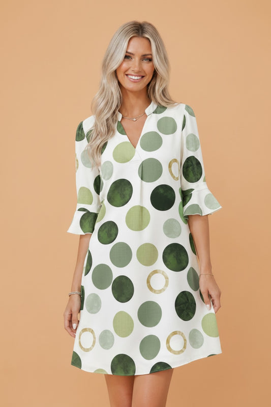 Polka Dot Flounced 3/4 Sleeve Mini Dress