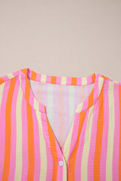 Plus Size Stripe Crinkled Half-Button V-Neck Blouse