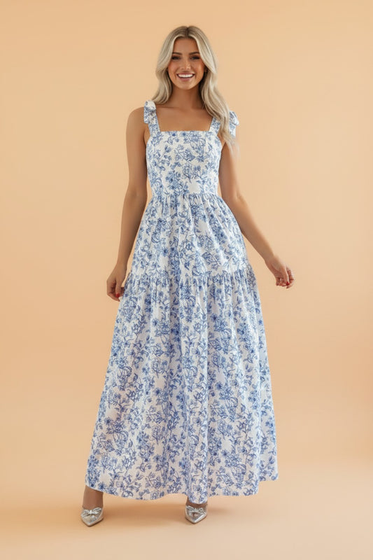 Floral Tie Strap Flared Maxi Dress