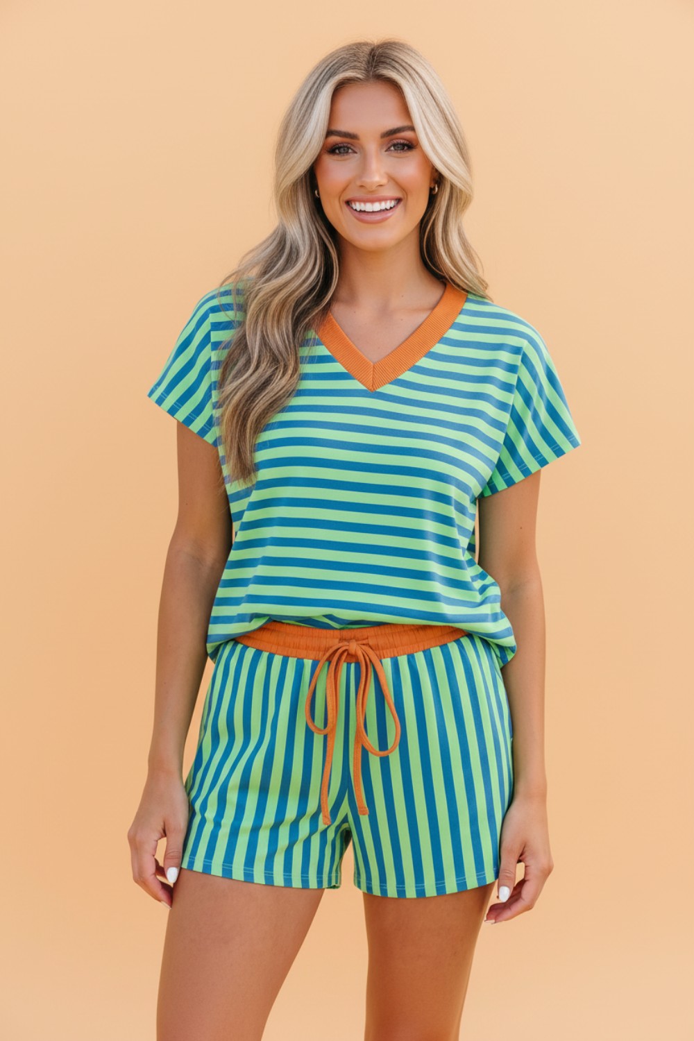 Stripe Colorblock V-Neck Tee & Drawstring Short Set