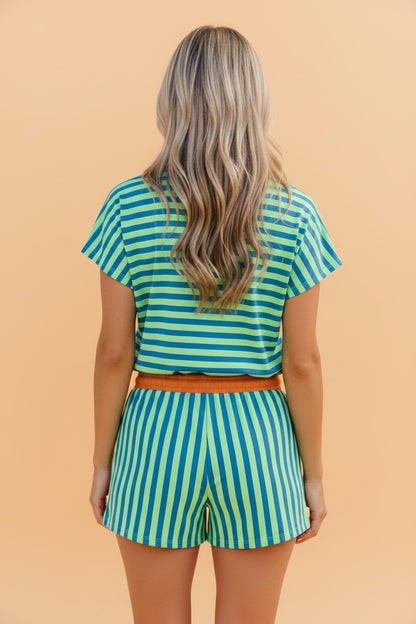 Stripe Colorblock V-Neck Tee & Drawstring Short Set