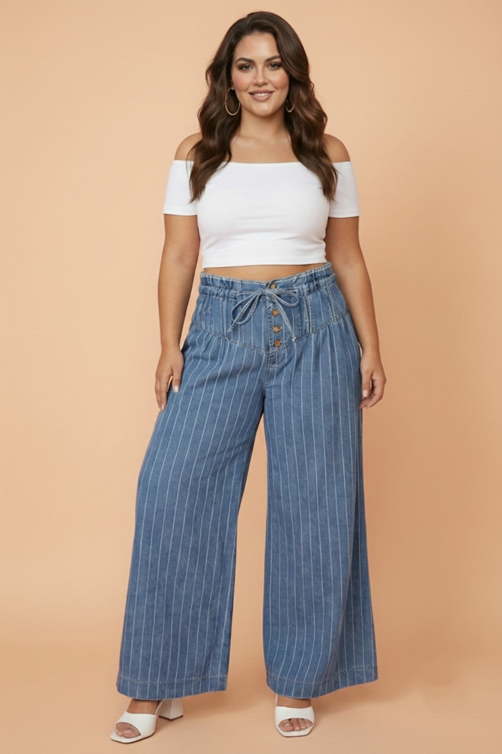 Plus Size Stripe Denim Buttoned Wide Leg Pants