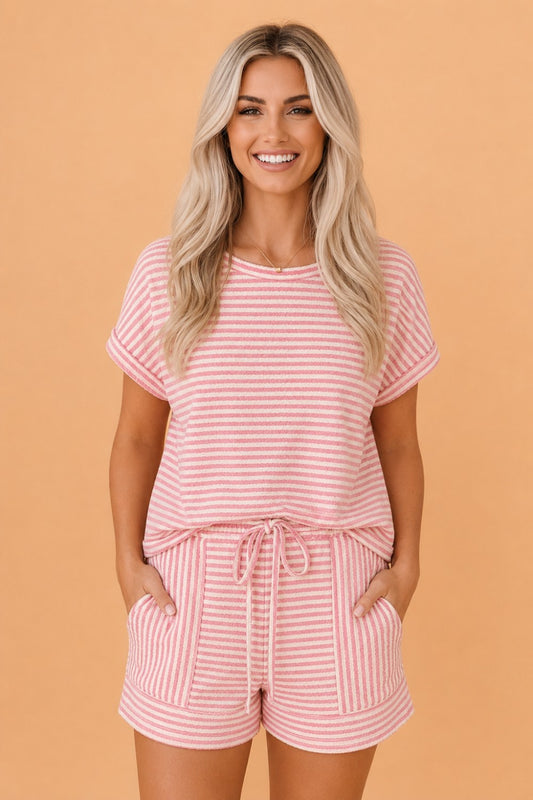 Stripe Textured Knit Top & Short Set