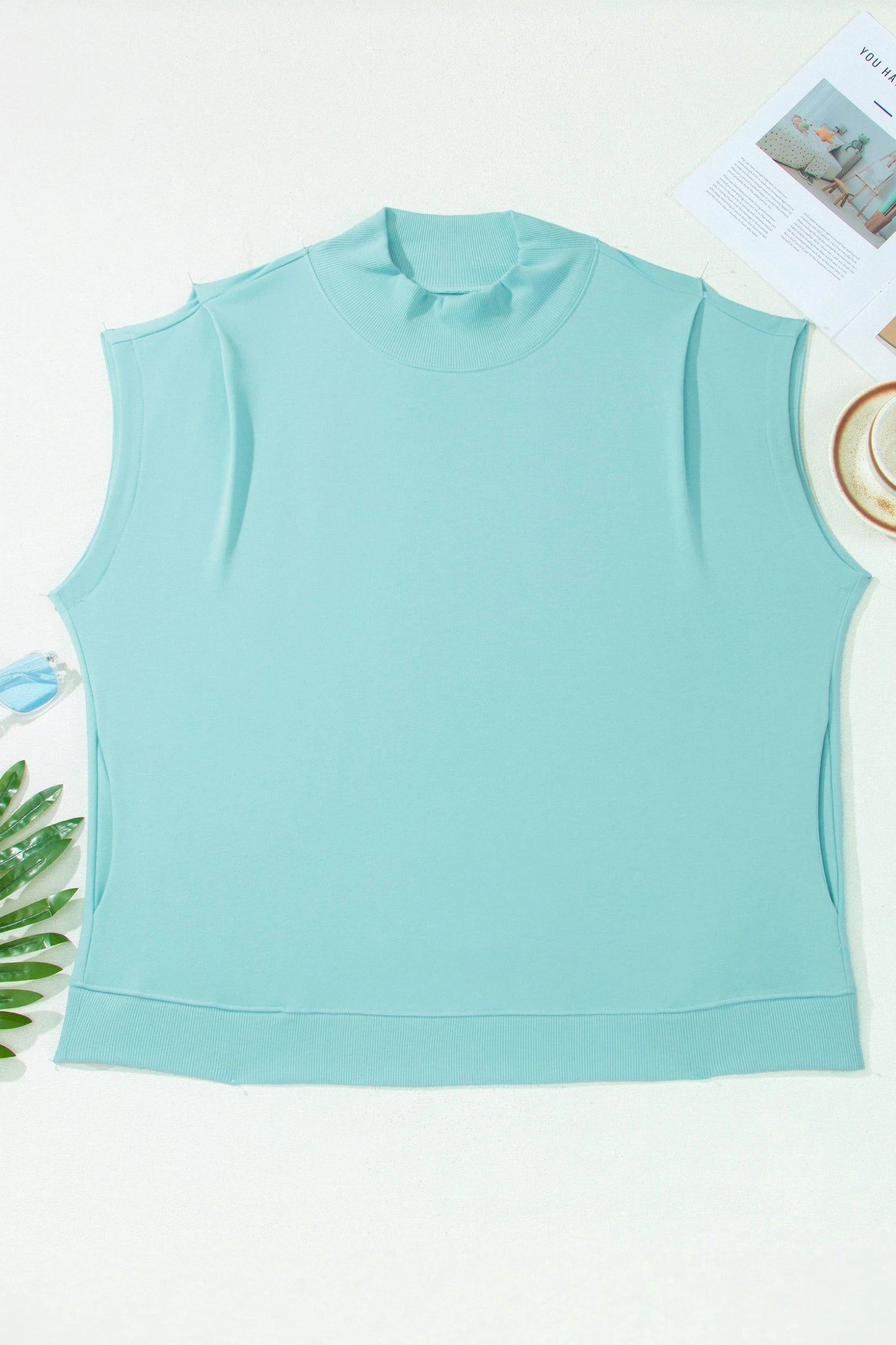 Plus Size Solid High Neck Cap Sleeve Top