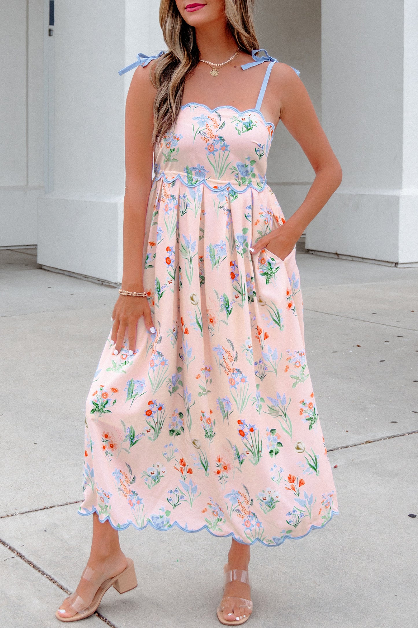 Floral Contrast Trim Tie Strap Midi Dress