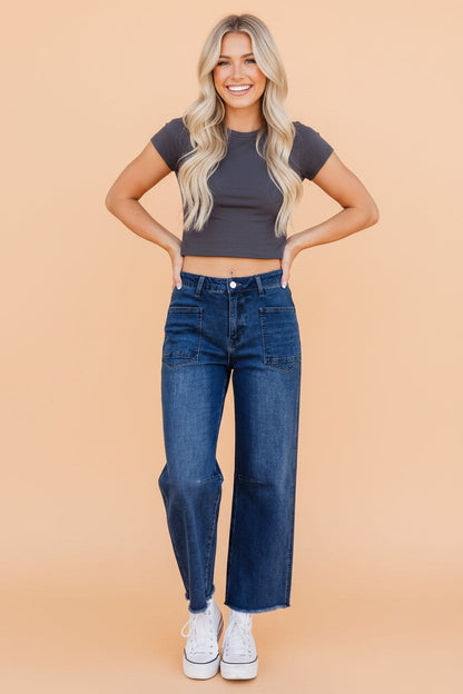 Denim Frayed Hem Cropped Straight Leg Jeans