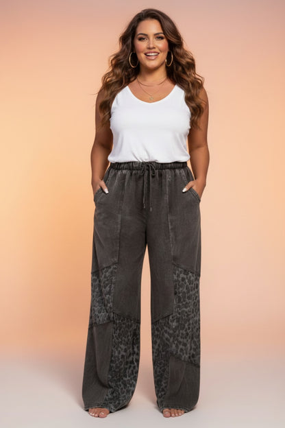 Plus Size Leopard Patchwork Wide Leg Pants