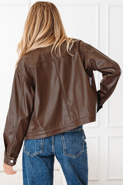 Leather Drawstring Hem Pocketed Jacket