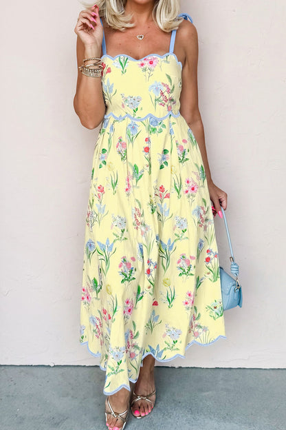 Floral Contrast Trim Tie Strap Midi Dress