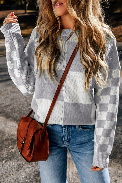 Checker Patchwork Ribbed Trim Sweater