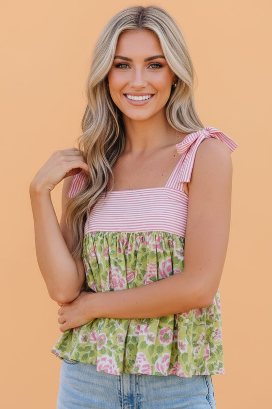 Floral Stripe Tie Strap Babydoll Tank Top