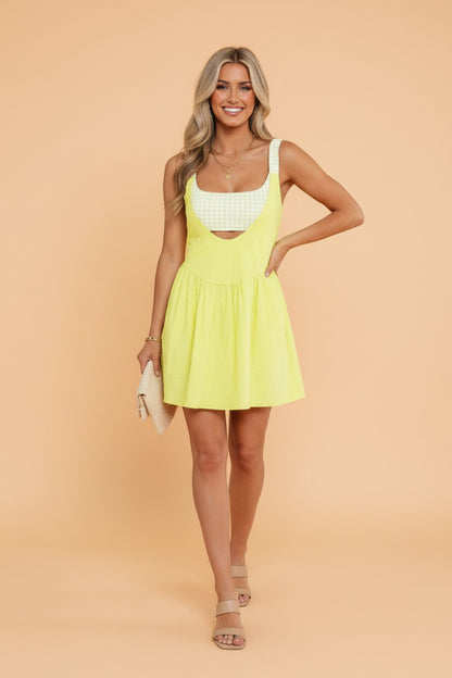 Gingham Patchwork Faux Two Piece Mini Dress