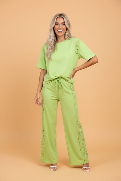 Solid Embroidered Eyelet Patchwork Top & Pants Set