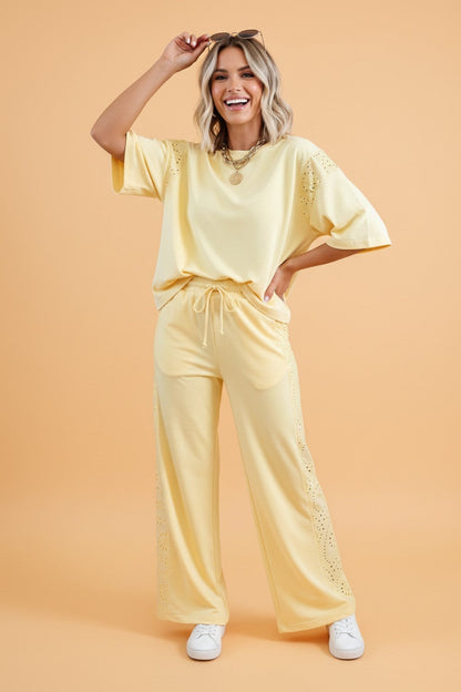 Solid Embroidered Eyelet Patchwork Top & Pants Set