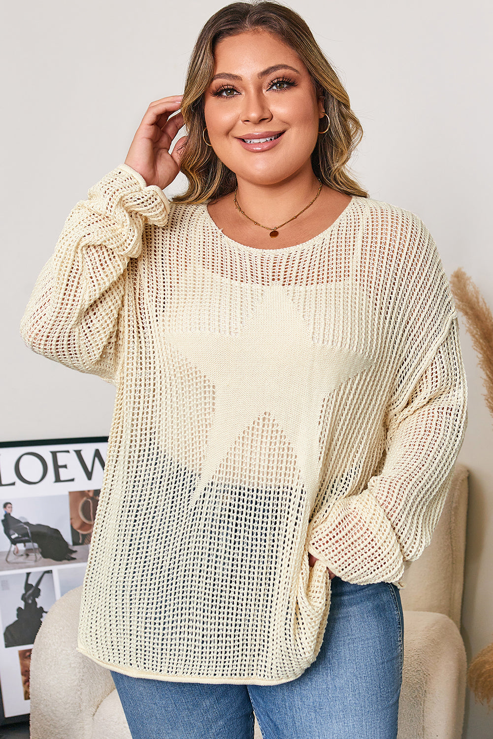 Plus Size Star Hollow-Out Knit Crewneck Sweater