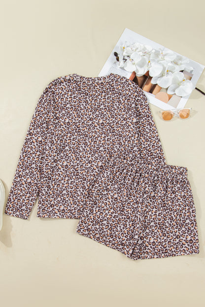 Leopard Ribbed Long Sleeve Top and Shorts Set