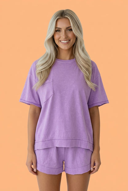 Oversized Raw Edge Patch Pocket Top & Shorts Set