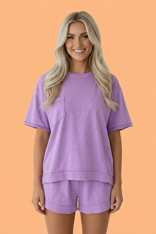 Oversized Raw Edge Patch Pocket Top & Shorts Set