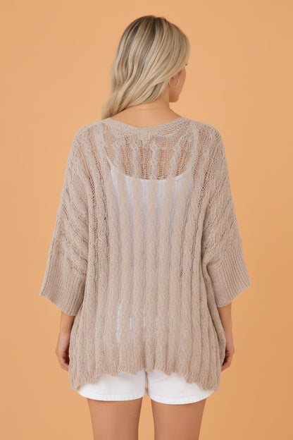 Solid Hollowed Knit Drop Shoulder Open Cardigan
