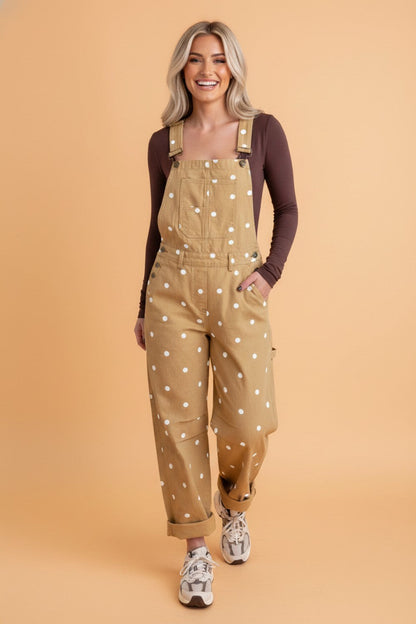 Polka Dot Denim Barrel Leg Overalls Jumpsuit
