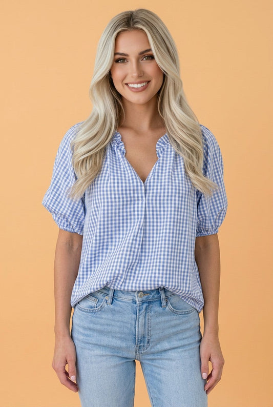 Plaid V-Neck Puff Sleeve Blouse