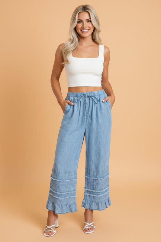 Ruffle Hem High Waist Wide Leg Chambray Pants