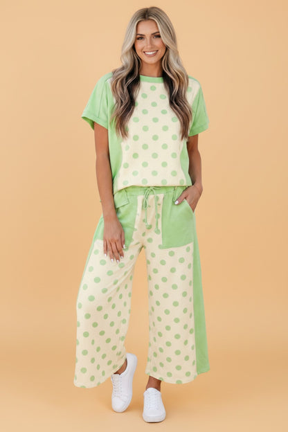 Polka Dot Patchwork Top & Wide Leg Pants Set