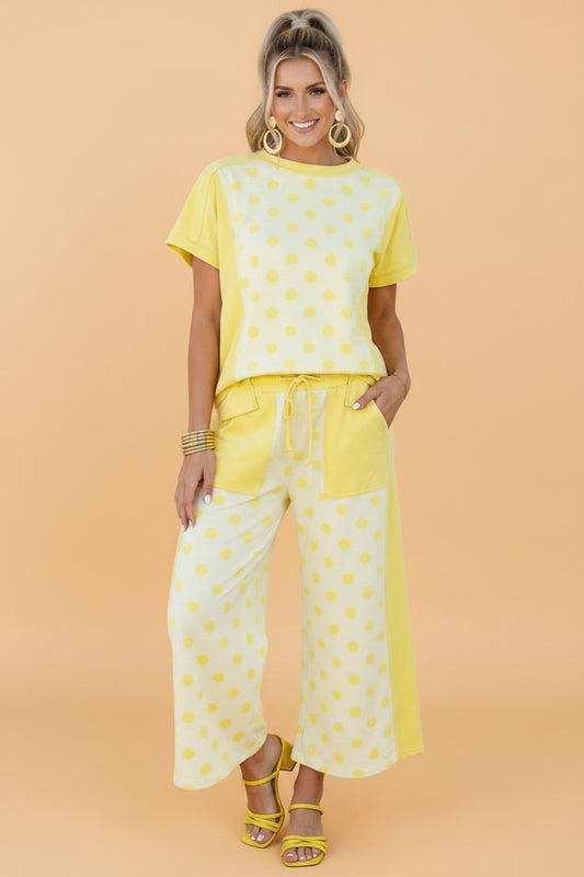 Polka Dot Colorblock Patchwork Top and Wide Leg Pants Set