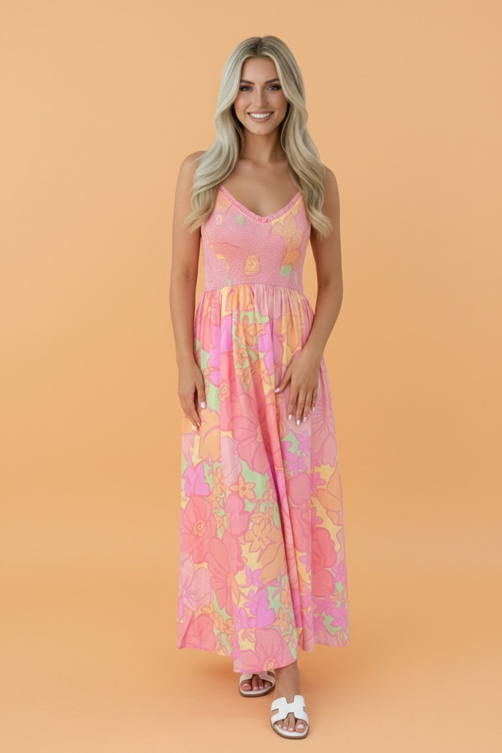 Floral Spaghetti Strap Shirred High Waist Dress