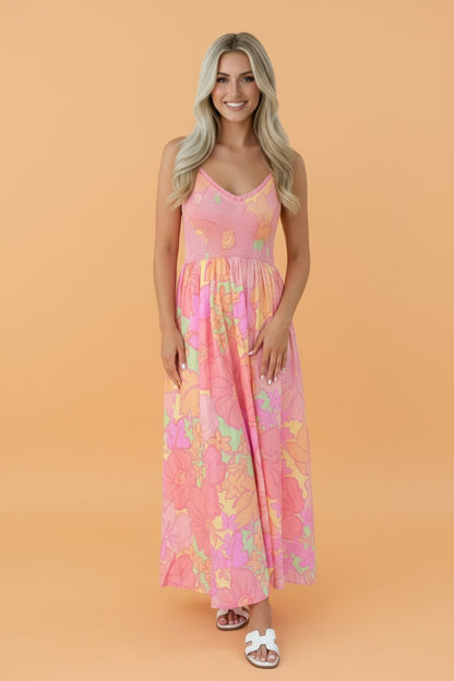 Floral Spaghetti Strap Shirred High Waist Dress