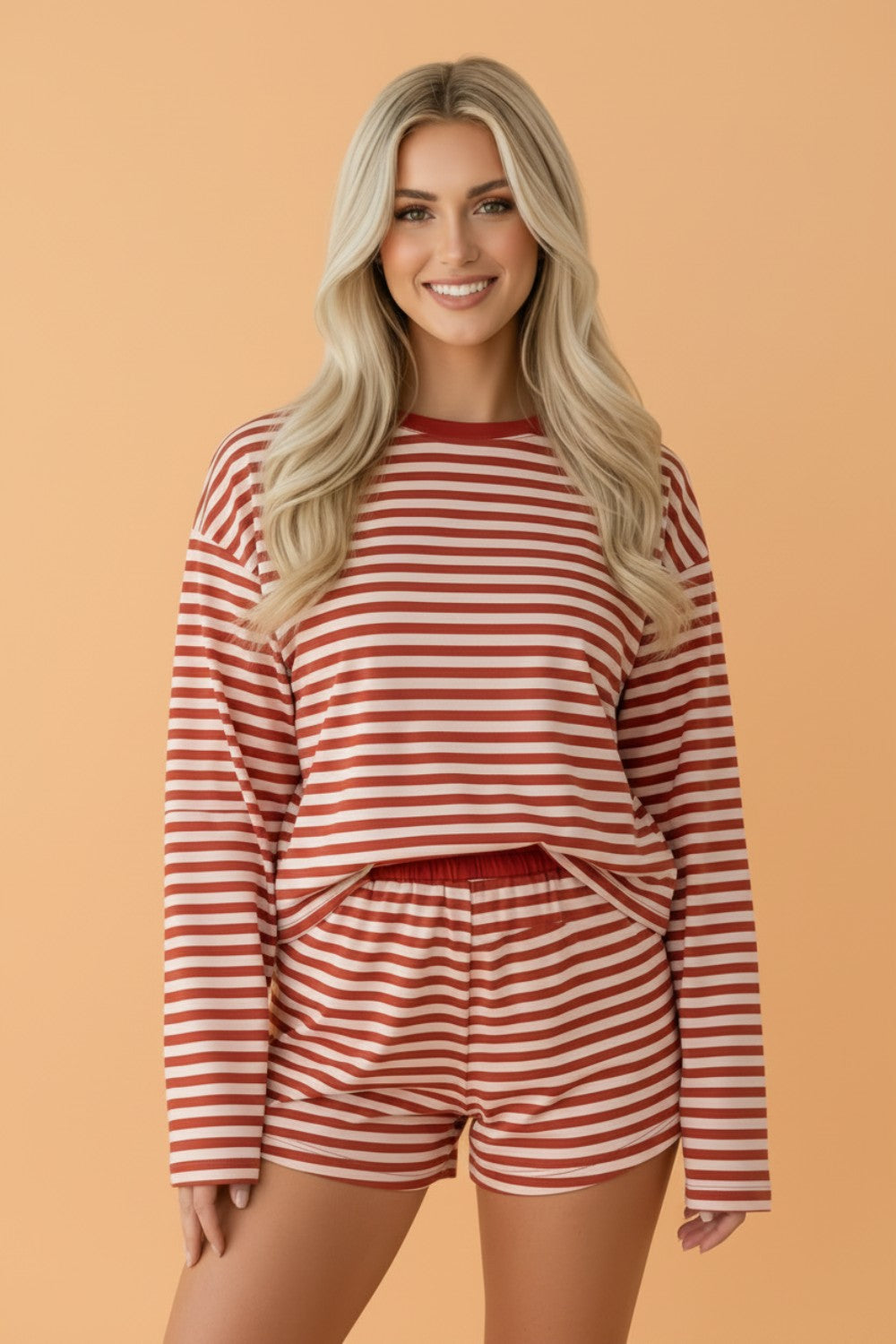 Stripe Contrast Long Sleeve Top & Elastic Waistband Short Set
