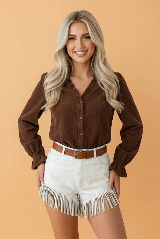 Solid Ruffle Trim V-Neck Long Sleeve Corduroy Shacket