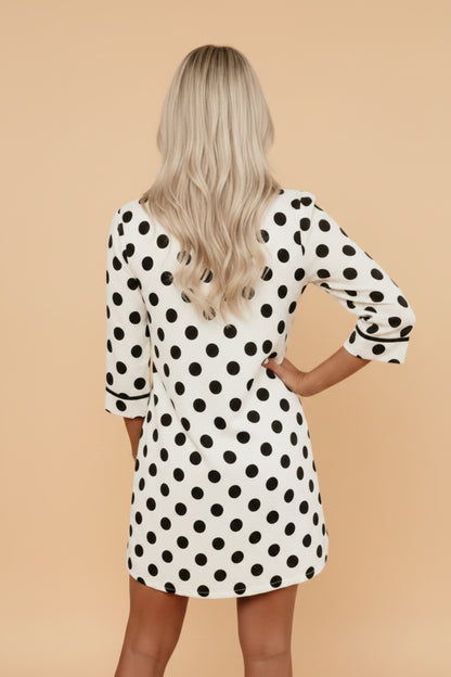 Polka Dot Collar V-Neck 3/4 Sleeve Pockets Mini Dress