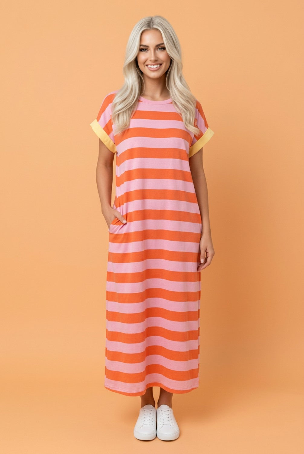 Stripe Cuffed Short Sleeve T-Shirt Long Dress w/ Pockets