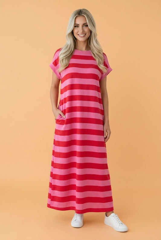Stripe Cuffed Short Sleeve T-Shirt Long Dress w/ Pockets