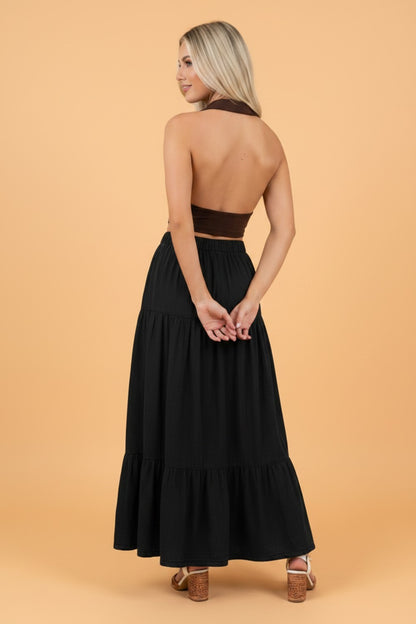 Denim Ruffle Tiered Flared Maxi Skirt