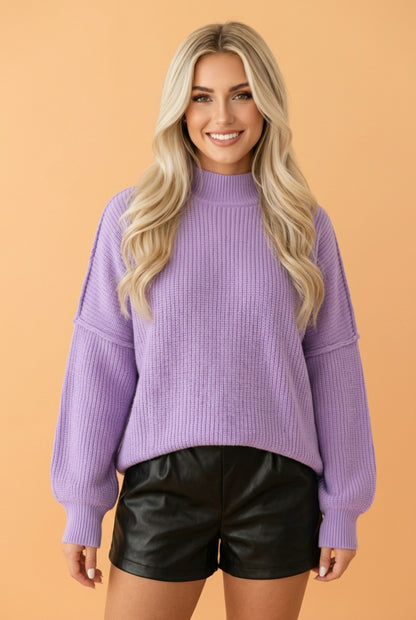 Exposed Hem Drop Shoulder Ribbed Knit Sweater