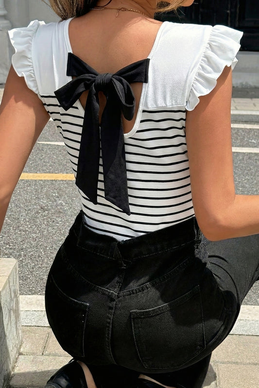 Stripe Contrast Bow Tie Back Ruffle Tank Top