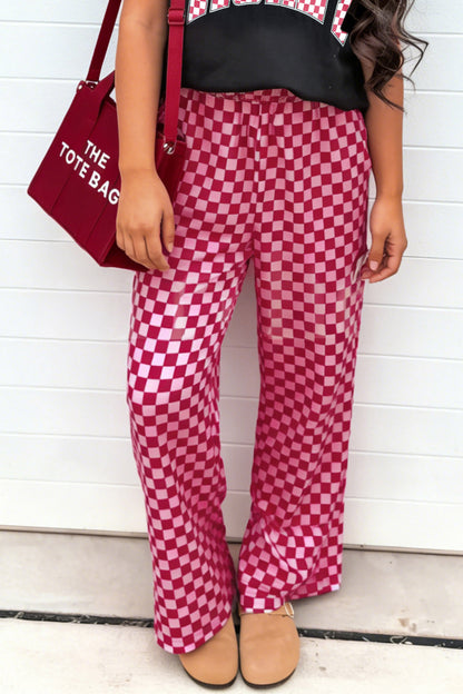 Checker Elastic Waist Wide Leg Pants