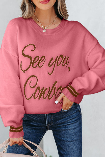 Western See You Cowboy Embroidered Stripe Cuff Sweater