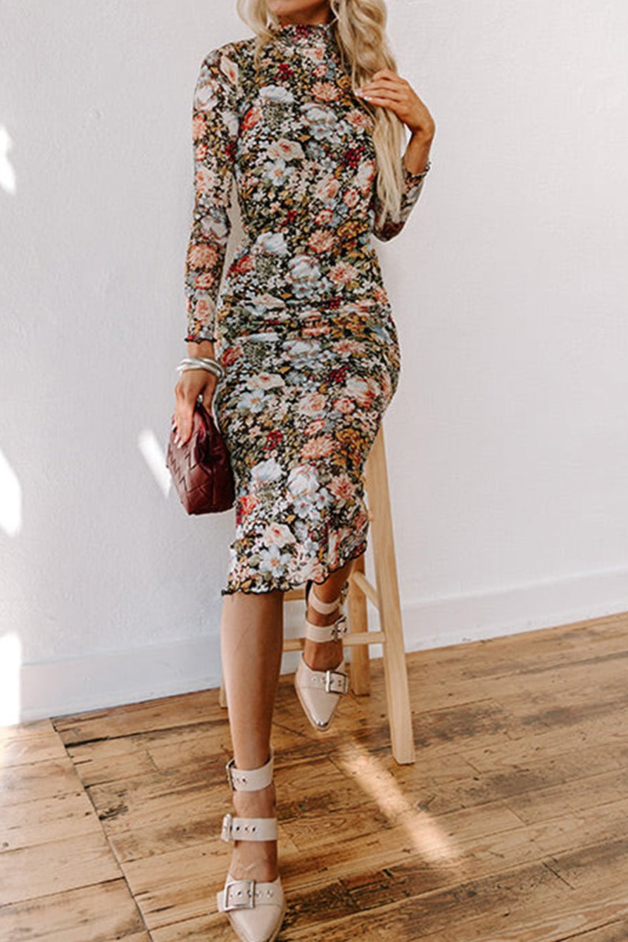 Floral Mock Neck Midi Dress