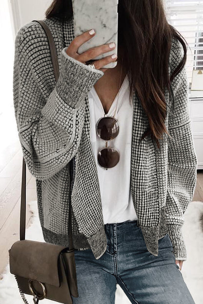 Checker Open Front Textured Cardigan